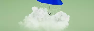 An animation of an umbrella on top of a cloud and the rain coming through the umbrella.