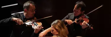 A 50-year old man plays violin next to another male violinist and a female violinist.