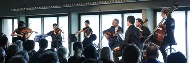 A group of musicians playing string instruments.