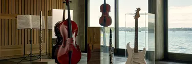Three string instruments and two flutes showcased in Utzon's room.