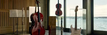 Three string instruments and two flutes showcased in Utzon's room.