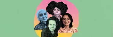 Four women's headshots cut out into a pink and yellow circle on a green background.