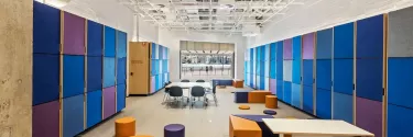 The Centre of creativity with colourful stools and lockers.