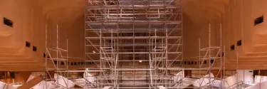 Scaffolding installed to reach the ceiling of the Concert Hall.