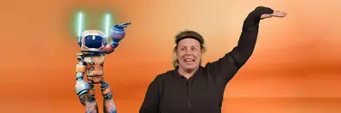 A woman and a robot doing hand gestures.