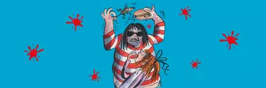 Illustration of a man with stripy clothing, sunglasses and long hair holding a rat and a burger above his head. A little girl with a red haired ponytail stares up at him and gasps