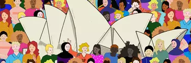 An animation of Sydney opera house with diverse people around it.