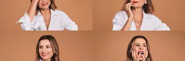 A collage of a woman in a white shirt with different face expressions.
