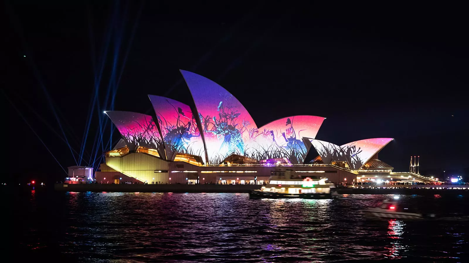 The Sydney Opera House with a light display projected on it.